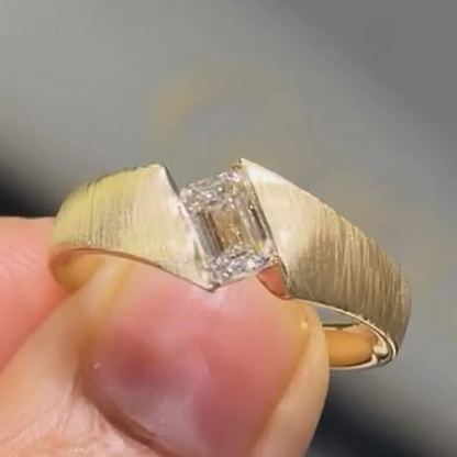 Jzora Handmade Modern Classic Emerald Cut Moissanite Brushed Gold Tone Men's Band Ring