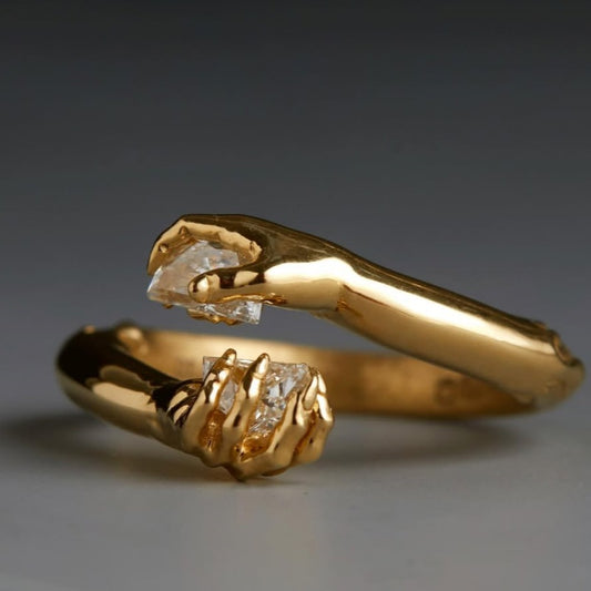 Jzora handmade artistic gold hands holding crystal fashion ring