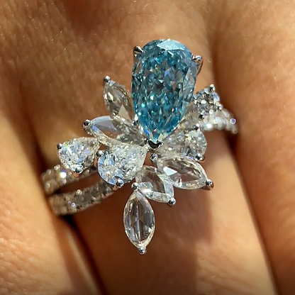 Jzora Handmade Aqua Blue Pear‑Cut Zircon Floral Cluster Fashion Ring