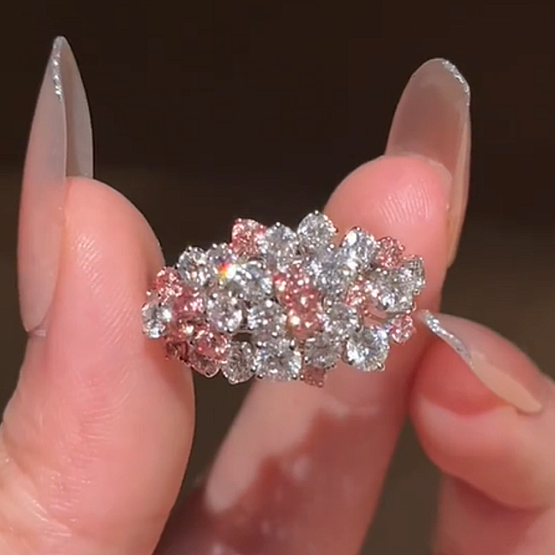 Jzora Handmade Pink & White Round Cut Moissanite Blooming Floral Cluster Ring
