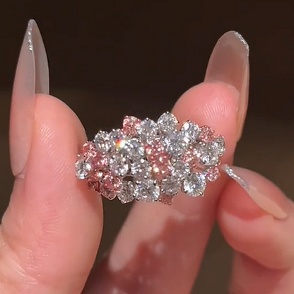 Jzora Handmade Pink & White Round Cut Moissanite Blooming Floral Cluster Ring