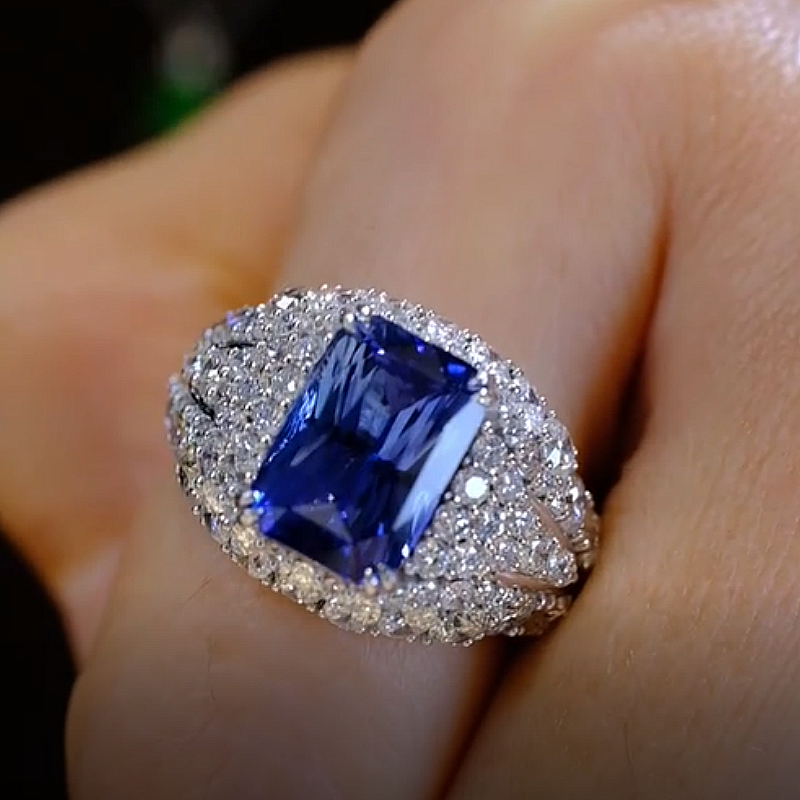 Jzora Handmade 4.8CT Royal Blue Radiant Cut Full Pavé Halo Bold Vintage Ring