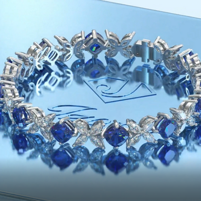 Jzora Handmade Four‑Leaf Floral Cushion‑Cut Sapphire Blue Alternating Link Bracelet