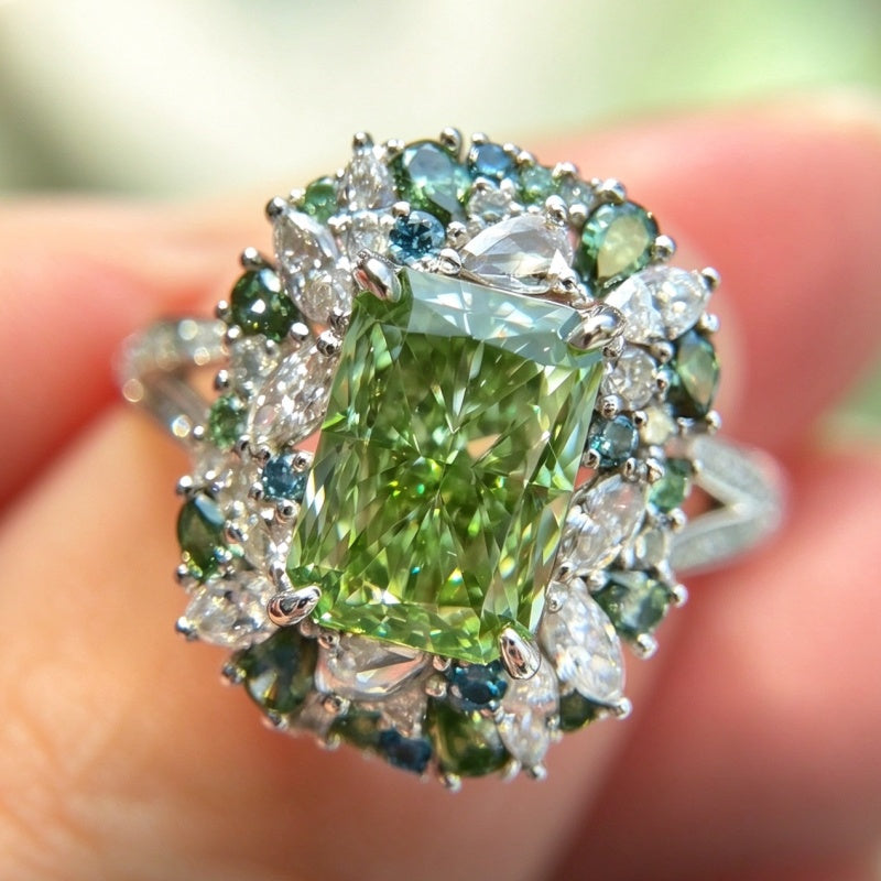 Jzora Handmade 3CT L-Green Radiant Cut Blue-Green Floral Halo Ring
