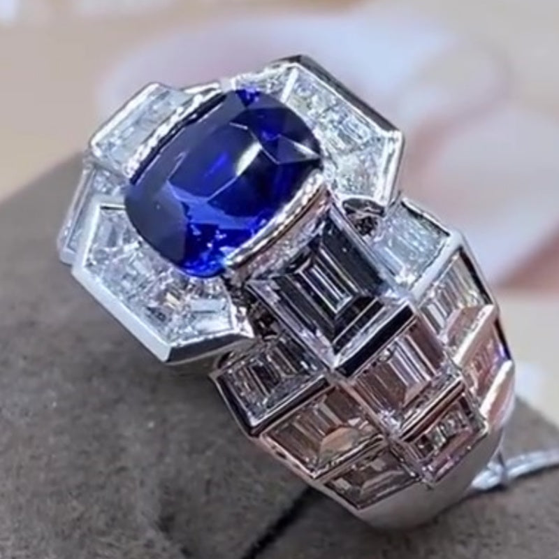 Jzora handmade luxury cushion cut blue sapphire & baguette cz men's ring