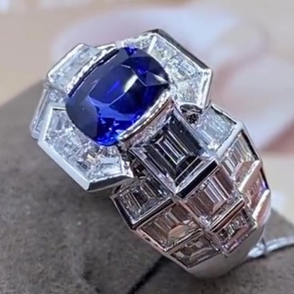 Jzora handmade luxury cushion cut blue sapphire & baguette cz men's ring