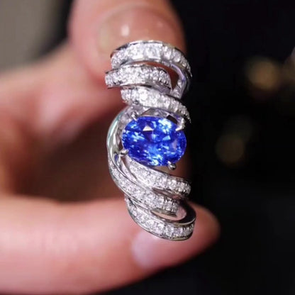 Jzora handmade ocean blaze sapphire wave sterling silver ring