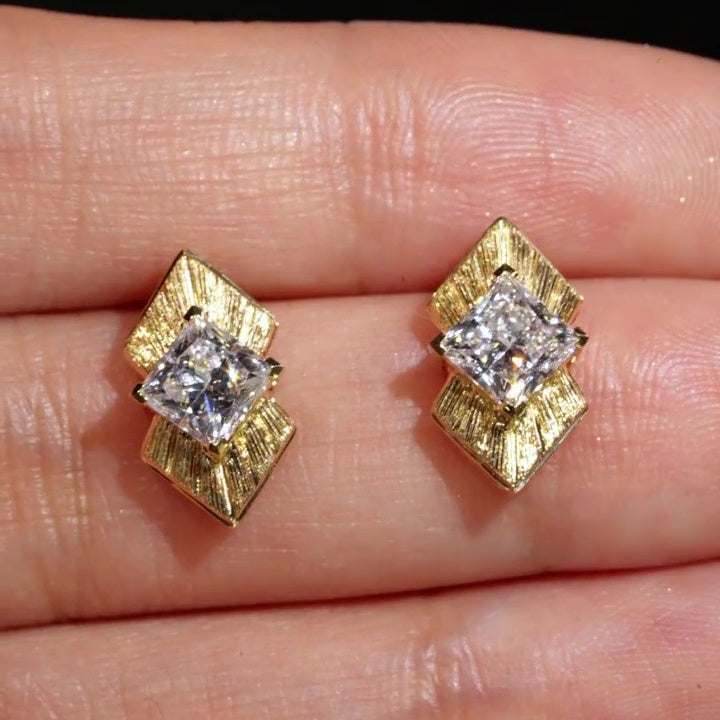 Jzora Handmade Textured Gold Princess Cut Moissanite Stylish Earrings