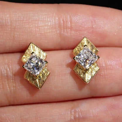 Jzora Handmade Textured Gold Princess Cut Moissanite Stylish Earrings