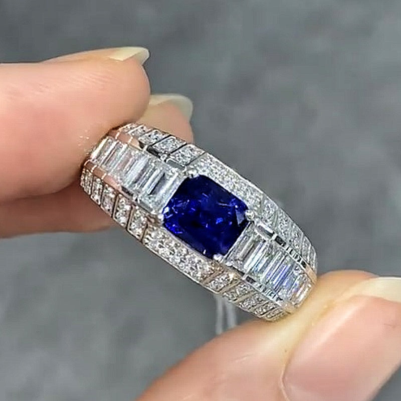 Jzora handmade luxury blue sapphire radiant cut  baguette halo men’s ring