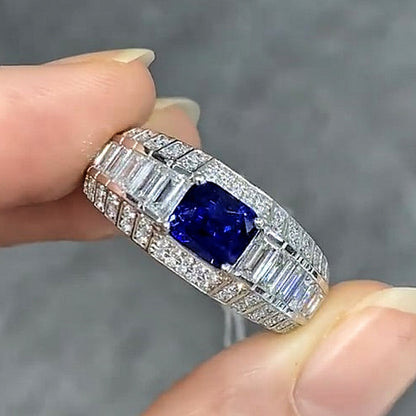 Jzora handmade luxury blue sapphire radiant cut  baguette halo men’s ring