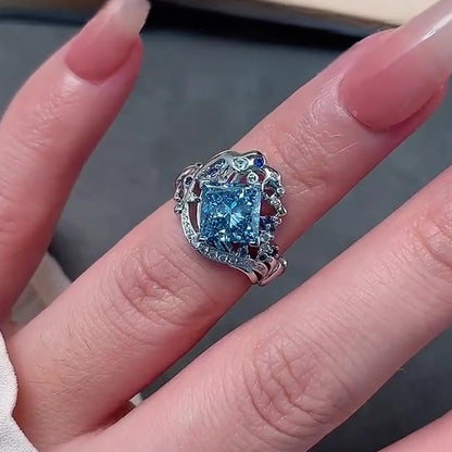 Jzora Handmade Aqua Blue Princess Cut Unique Ocean Wave Design Ring
