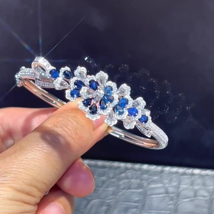 Jzora Handmade Sapphire CZ Floral Cuff Bangle Bracelet