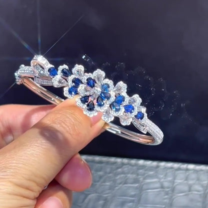 Jzora Handmade Sapphire CZ Floral Cuff Bangle Bracelet