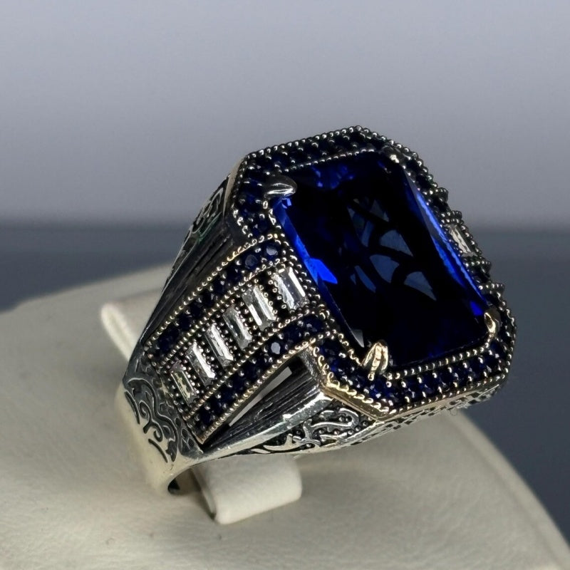 Jzora handmade vintage-style radiant cut blue sapphire men’s ring