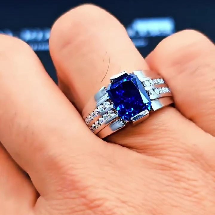 Jzora Handmade Fashion Sapphire CZ Radiant Cut Stylish Men's Ring