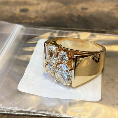 Jzora Handmade Vintage Round and Emerald Cut Men's Wide Band Ring