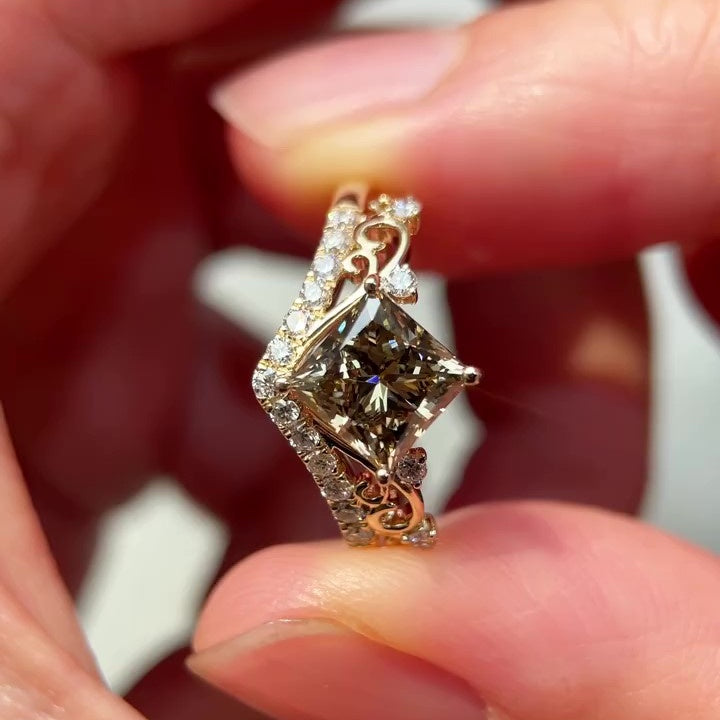 Jzora Handmade Brown Princess Cut Exquisite Filigree Ring