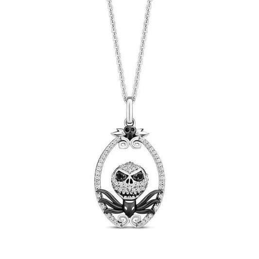 Jzora handmade gothic skull & bat oval frame pendant halloween jewelry sterling silver necklace
