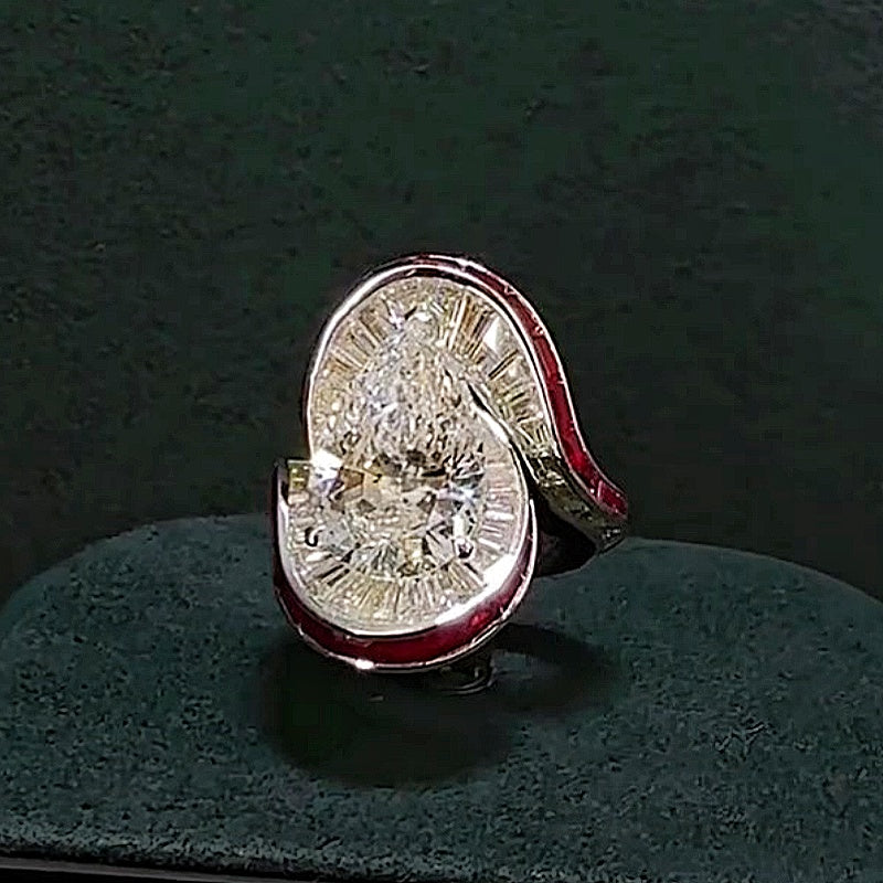Jzora handmade Pear Shape Baguette Halo & Red Enamel Frame Ring