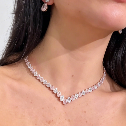 Jzora Handmade Elegant Alternating Pear Pink & Clear CZ Tennis Necklace