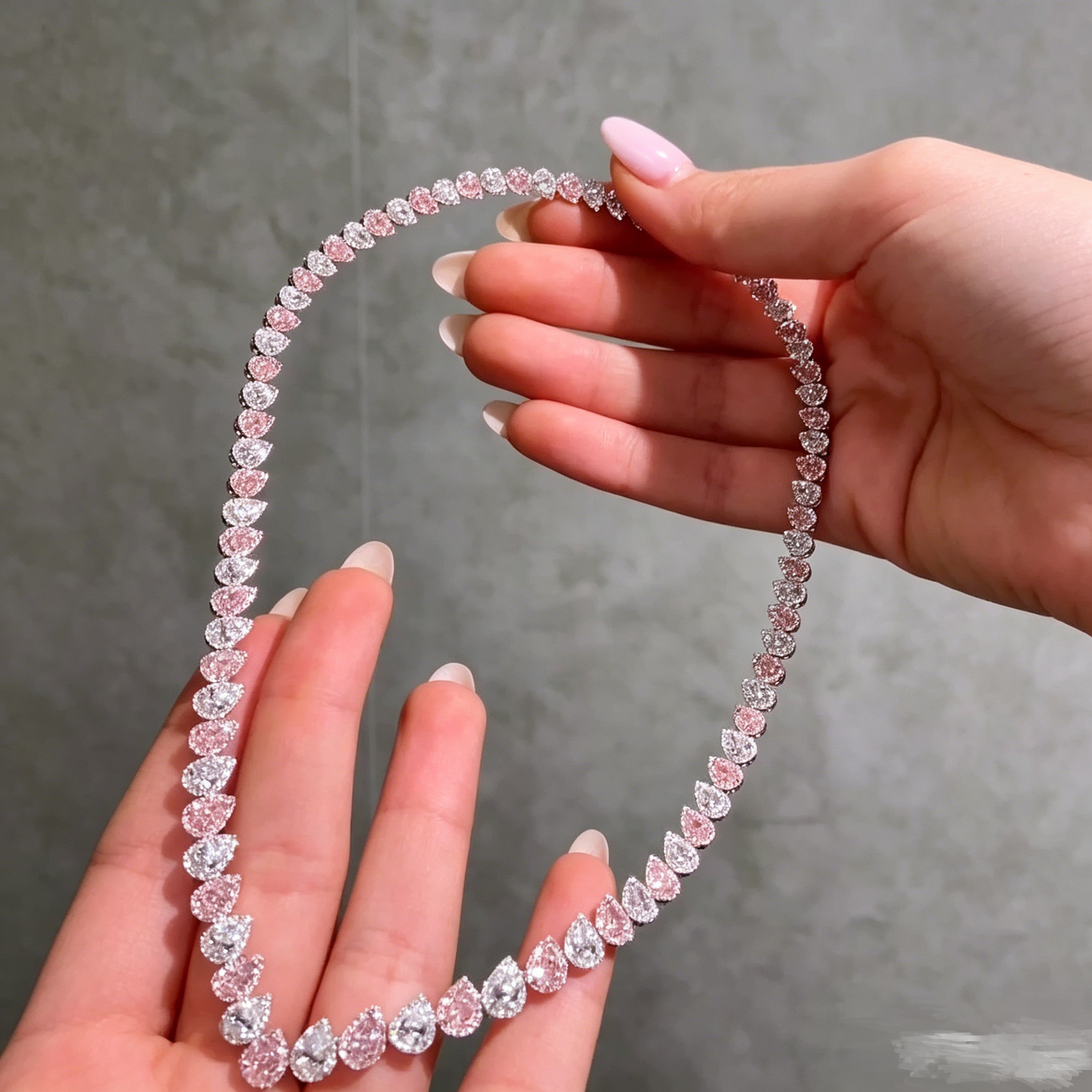 Jzora Handmade Elegant Alternating Pear Pink & Clear CZ Tennis Necklace