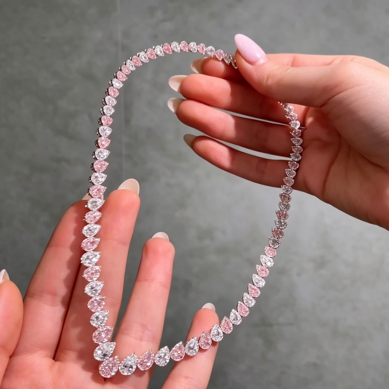 Jzora Handmade Elegant Alternating Pear Pink & Clear CZ Tennis Necklace
