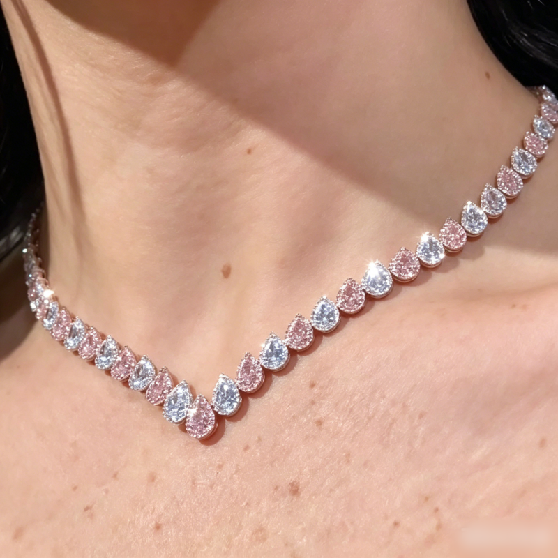 Jzora Handmade Elegant Alternating Pear Pink & Clear CZ Tennis Necklace