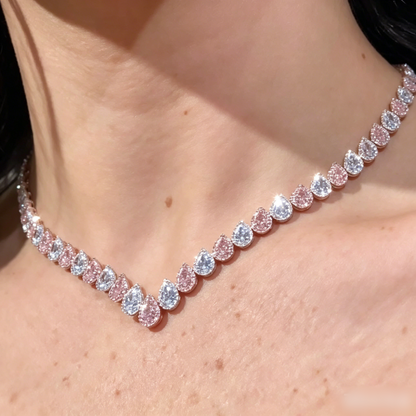 Jzora Handmade Elegant Alternating Pear Pink & Clear CZ Tennis Necklace