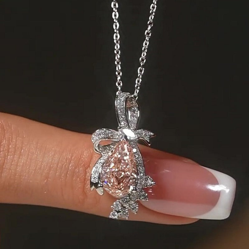 Jzora Handmade Bow Accent Pear Champagne Pink CZ Halo Women’s Drop Necklace