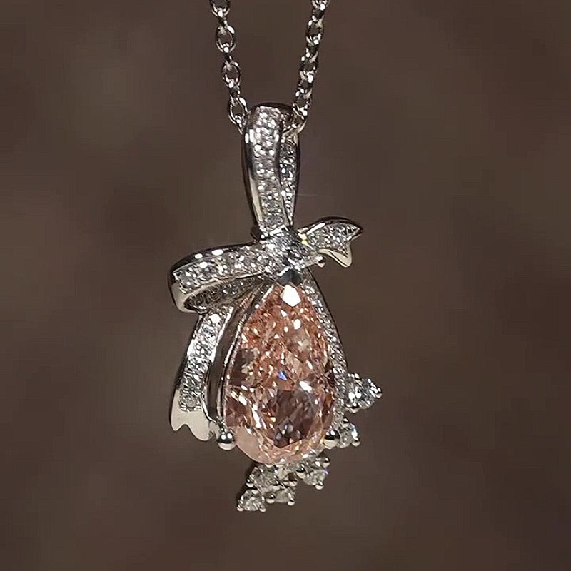 Jzora Handmade Bow Accent Pear Champagne Pink CZ Halo Women’s Drop Necklace