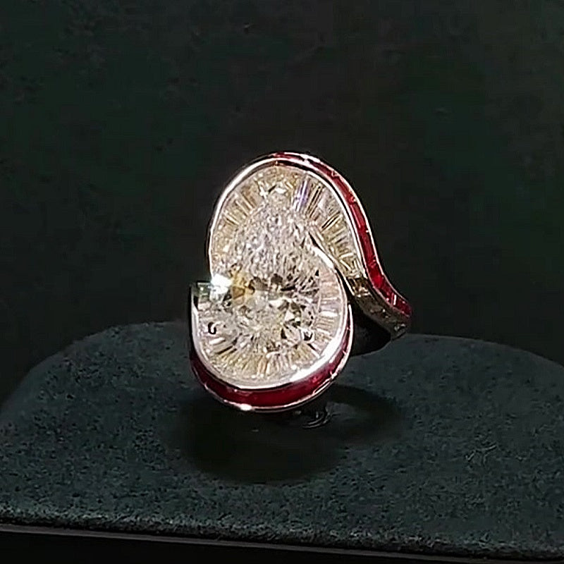 Jzora handmade Pear Shape Baguette Halo & Red Enamel Frame Ring