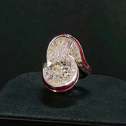 Jzora handmade Pear Shape Baguette Halo & Red Enamel Frame Ring