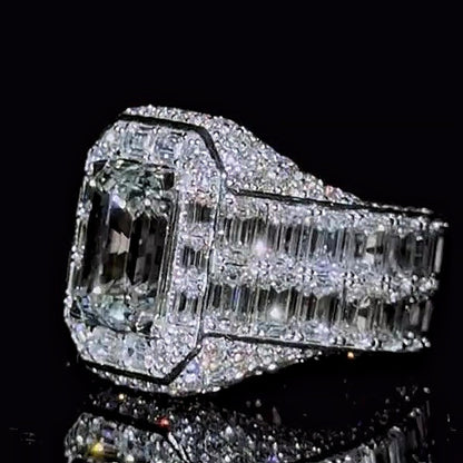 Jzora handmade bold baguette halo emerald-cut centerpiece wide band ring