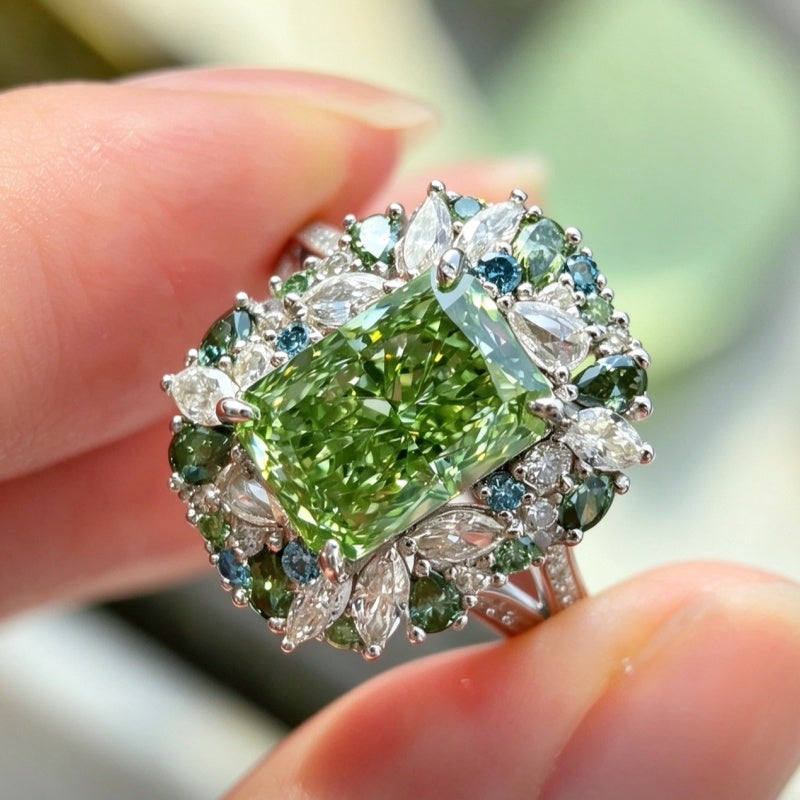 Jzora Handmade 3CT L-Green Radiant Cut Blue-Green Floral Halo Ring