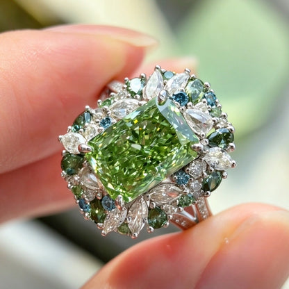 Jzora Handmade 3CT L-Green Radiant Cut Blue-Green Floral Halo Ring
