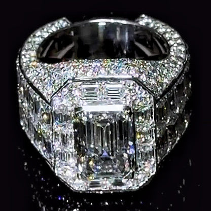 Jzora handmade bold baguette halo emerald-cut centerpiece wide band ring