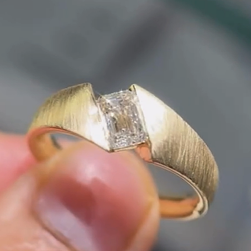 Jzora Handmade Modern Classic Emerald Cut Moissanite Brushed Gold Tone Men's Band Ring