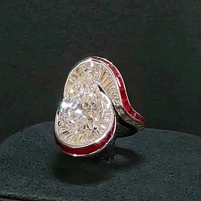 Jzora handmade Pear Shape Baguette Halo & Red Enamel Frame Ring