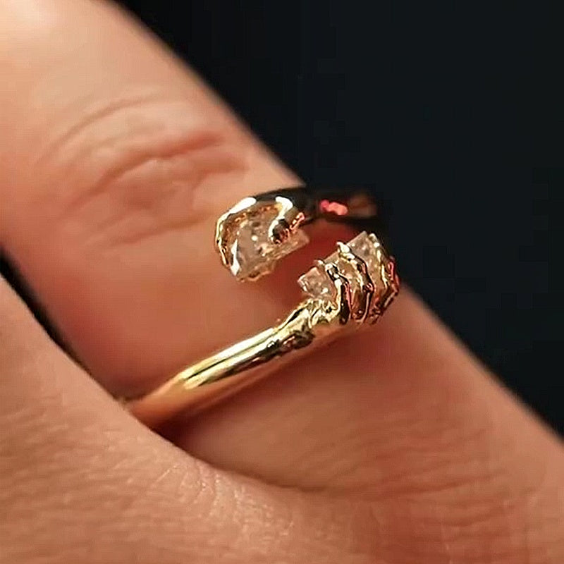 Jzora handmade artistic gold hands holding crystal fashion ring