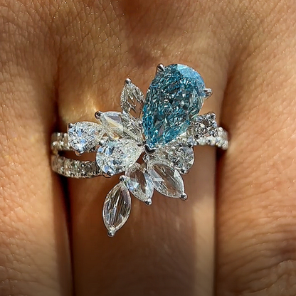 Jzora Handmade Aqua Blue Pear‑Cut Zircon Floral Cluster Fashion Ring