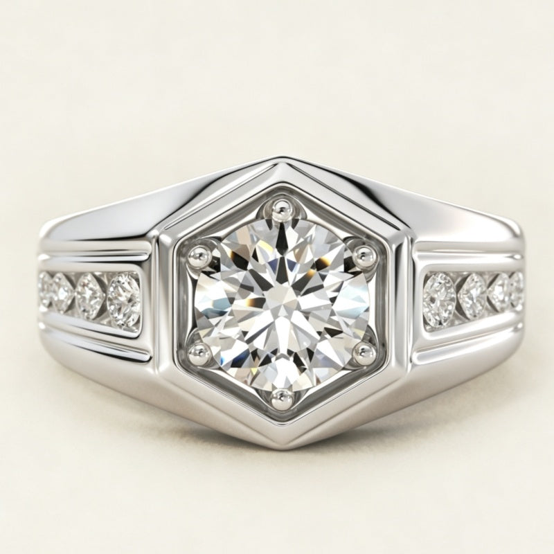 Jzora Handmade Hexagon Bezel‑Set Round Cut Moissanite Men’s Engagement Ring