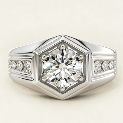 Jzora Handmade Hexagon Bezel‑Set Round Cut Moissanite Men’s Engagement Ring