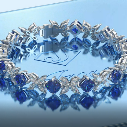 Jzora Handmade Four‑Leaf Floral Cushion‑Cut Sapphire Blue Alternating Link Bracelet