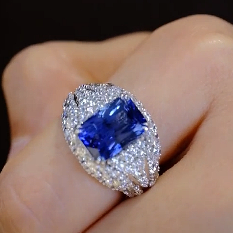 Jzora Handmade 4.8CT Royal Blue Radiant Cut Full Pavé Halo Bold Vintage Ring