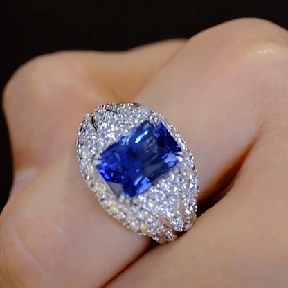 Jzora Handmade 4.8CT Royal Blue Radiant Cut Full Pavé Halo Bold Vintage Ring