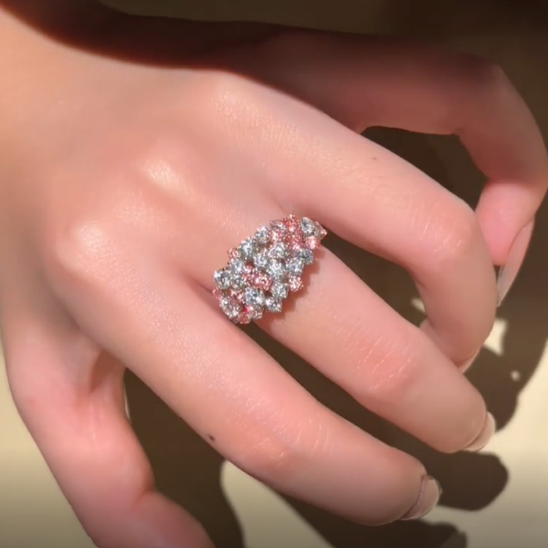 Jzora Handmade Pink & White Round Cut Moissanite Blooming Floral Cluster Ring