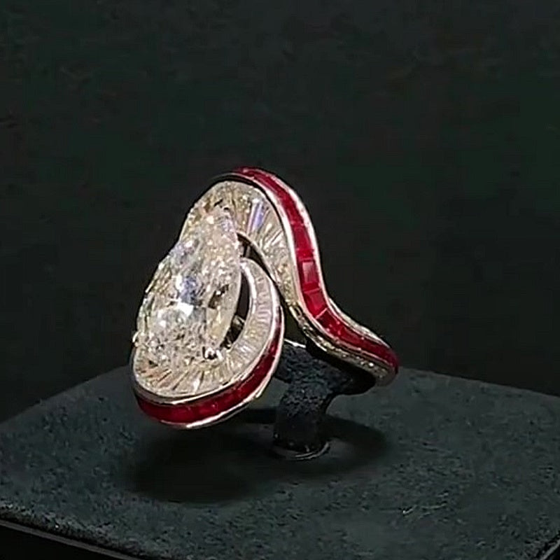 Jzora handmade Pear Shape Baguette Halo & Red Enamel Frame Ring