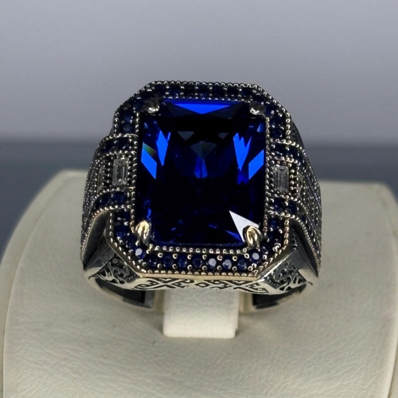 Jzora handmade vintage-style radiant cut blue sapphire men’s ring