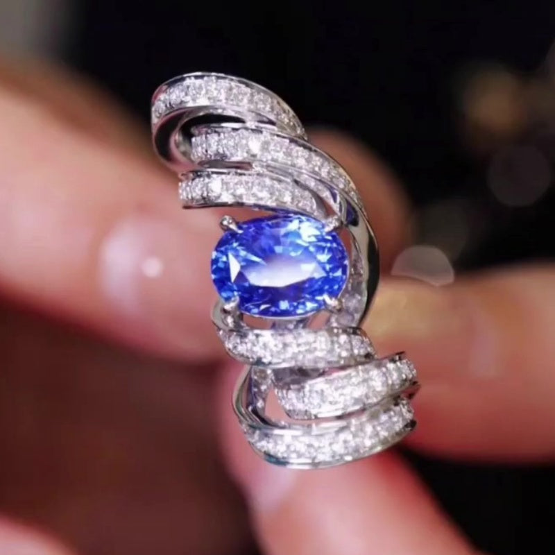 Jzora handmade ocean blaze sapphire wave sterling silver ring